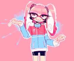 Rule 34 | 1girl, :d, abstract, bike shorts, blush, character request, drawstring, large hands, long arms, long sleeves, looking at viewer, mask, nintendo, open mouth, pink background, pink hair, smile, solo, standing, suction cups, tentacle hair, thick eyebrows