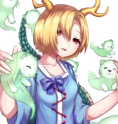 Rule 34 | 1girl, :3, antlers, arms up, blonde hair, blouse, blue bow, blue shirt, bow, breasts, collarbone, commentary request, dragon horns, dragon tail, hair between eyes, hair over one eye, head tilt, headpat, highres, horns, kicchou yachie, long sleeves, looking at viewer, mozuno (mozya 7), otter spirit (touhou), parted bangs, parted lips, red eyes, shirt, short hair, simple background, small breasts, solo, standing, tail, touhou, upper body, white background
