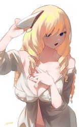 Rule 34 | 1girl, absurdres, arm up, artist name, blonde hair, blue eyes, breasts, cleavage, drill hair, frown, grey shirt, hair over one eye, hand on own chest, highres, holding, large breasts, long hair, long sleeves, looking at viewer, navel, off shoulder, open mouth, oriana thomason, paper, partially unbuttoned, ryusei hashida, shirt, signature, simple background, sleeves rolled up, solo, standing, toaru majutsu no index, toaru majutsu no index: old testament, upper body, white background