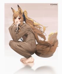 Rule 34 | 1girl, :d, absurdres, animal ears, arknights, artist name, barefoot, black ribbon, border, brown background, brown hair, ceobe (arknights), dog ears, dog girl, dog tail, fingers to mouth, from side, gradient background, hair ribbon, highres, long hair, long sleeves, looking at viewer, looking to the side, lufi ays, official alternate costume, onesie, open mouth, ponytail, red eyes, reflection, ribbon, sidelocks, sleepwear, sleeves past wrists, smile, solo, squatting, tail, very long hair, white border