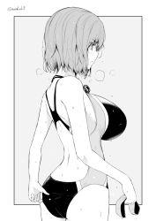 Rule 34 | 1girl, ass, blush, breasts, closed mouth, competition swimsuit, greyscale, kichihachi, large breasts, looking away, monochrome, one-piece swimsuit, original, sideboob, solo, swimsuit, twitter username, wet
