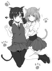Rule 34 | 2girls, :3, animal ears, bell, blush, boots, cat ears, cat girl, cat tail, choker, collared shirt, flying sweatdrops, greyscale, heart, highres, holding another&#039;s arm, jingle bell, low twintails, maromi (am97), monochrome, multiple girls, neck bell, necktie, original, pantyhose, paw print, paw print background, pinstripe pattern, pinstripe skirt, pleated skirt, school uniform, shirt, short sleeves, skirt, sweatdrop, sweater vest, tail, twintails, yuri