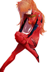 Rule 34 | 1girl, absurdres, artist request, ass, bodysuit, breasts, brown hair, expressionless, hair between eyes, hair ornament, highres, long hair, medium breasts, neon genesis evangelion, pilot suit, plugsuit, red bodysuit, simple background, skin tight, solo, souryuu asuka langley, two side up