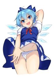 Rule 34 | 1girl, blue eyes, blue hair, breasts, cameltoe, cirno, covered erect nipples, dress, groin, highres, ice, ice wings, light blue hair, medium breasts, minatasiro, open mouth, panties, panty pull, puffy short sleeves, puffy sleeves, short hair, short sleeves, smile, solo, touhou, underwear, wings