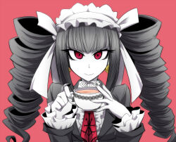Rule 34 | 1girl, black hair, black jacket, blunt bangs, bonnet, celestia ludenberg, claw ring, closed mouth, colored skin, commentary request, cup, danganronpa: trigger happy havoc, danganronpa (series), drill hair, earrings, fingernails, frills, gothic lolita, grey nails, highres, holding, holding cup, jacket, jewelry, kobayashi tetsuya, lolita fashion, long hair, long sleeves, looking at viewer, nail polish, necktie, red background, red eyes, red necktie, ringed eyes, shirt, simple background, smile, solo, straight hair, teacup, twin drills, twintails, upper body, white shirt, white skin