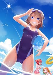 Rule 34 | 10s, 3girls, blue eyes, blue one-piece swimsuit, blush, breasts, cloud, collateral damage studios, competition swimsuit, cyaron! (love live!), day, diffraction spikes, dutch angle, goggles, goggles on head, grey hair, highres, kurosawa ruby, looking at viewer, love live!, love live! sunshine!!, medium breasts, multiple girls, ocean, one-piece swimsuit, open mouth, orange hair, outdoors, red hair, salute, short hair, sky, smile, standing, swimsuit, takami chika, twintails, two side up, watanabe you, water, wet