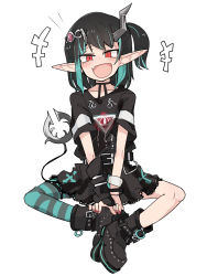 Rule 34 | +++, 1girl, :d, belt, black belt, black footwear, black hair, black shirt, black skirt, black thighhighs, blue hair, blue thighhighs, blush, commentary request, demon girl, demon horns, demon tail, eye of providence, fang, flat chest, full body, highres, horns, looking at viewer, medium hair, multicolored hair, nanashi inc., official alternate costume, open mouth, pointy ears, red eyes, shirt, shishio chris, shishio chris (3rd costume), shoes, short sleeves, side ponytail, sidelocks, simple background, single thighhigh, sitting, skirt, smile, sneakers, solo, striped clothes, striped thighhighs, sugar lyric, tail, thighhighs, tomatojam, two-tone hair, virtual youtuber, white background, wristband