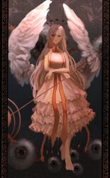 Rule 34 | 1girl, absurdres, barefoot, border, crossed arms, disembodied eye, dress, feathered wings, frilled dress, frills, halo, highres, holding, holding staff, kyano (kyanora3141), large wings, long hair, looking at viewer, original, ornate border, pillarboxed, red eyes, ribbon, solo, staff, too many eyes, white dress, wings, yellow halo