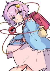 1girl backpack bag black_hairband blue_shirt hairband heart highres komeiji_satori long_sleeves looking_at_viewer miz_(mizillustration) open_mouth pink_eyes pink_hair pink_skirt shirt short_hair simple_background skirt solo third_eye touhou white_background wide_sleeves