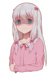 Rule 34 | 10s, 1girl, blue eyes, blue hair, blush, bow, closed mouth, collarbone, commentary request, empty eyes, eromanga sensei, frilled sleeves, frills, frown, hair between eyes, hair bow, izumi sagiri, long hair, long sleeves, looking at viewer, maredoro, pajamas, pink bow, pink pajamas, shaded face, simple background, sleeves past wrists, solo, upper body, white background