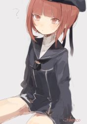 Rule 34 | 10s, 1girl, ?, artist name, blush, clothes writing, hat, kantai collection, long sleeves, military, military uniform, neckerchief, okitsugu, red eyes, red hair, sailor collar, sailor hat, short hair, sitting, solo, uniform, z3 max schultz (kancolle)