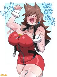 Rule 34 | 1girl, bare shoulders, black vest, breasts, brown hair, cleavage, closed eyes, cowboy shot, cropped legs, curvy, detached sleeves, dress, earrings, english text, hand on own hip, highres, jacket, jewelry, kingdom hearts, large breasts, lightsource, lipstick, long hair, makeup, mature female, no bra, pendant, red dress, short dress, simple background, solo, sora&#039;s mother (kingdom hearts), spiked hair, standing, strapless, strapless dress, thighhighs, vest, white background, white sleeves, zettai ryouiki, zipper legwear, zipper pull tab