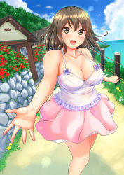 1girl bare_shoulders breasts brown_eyes brown_hair cleavage cloud collarbone day female_focus flower highres large_breasts looking_at_viewer mikan_kougyou ocean open_mouth original outstretched_hand plump short_hair skirt sky smile solo standing