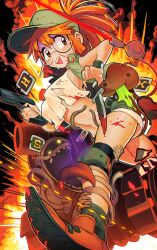 Rule 34 | 1girl, absurdres, alien, baseball cap, blood, blood on clothes, blood on face, blood on leg, bloody knife, bloody weapon, boots, breasts, brown hair, caterpillar tracks, commentary request, energy gun, english text, explosion, fio germi, gashi-gashi, glasses, glowing, glowing eyes, gun, handgun, hat, highres, holding, holding gun, holding knife, holding weapon, knee pads, knife, laser, leg grab, mars people, metal slug, midriff, military vehicle, motor vehicle, mummy, open mouth, power-up, ray gun, red hair, shirt, short hair, short ponytail, shorts, sleeveless, sleeveless shirt, sv001 (metal slug), sweat, tank, tearing up, teeth, tentacles, torn clothes, turn pale, vest, weapon, wristband