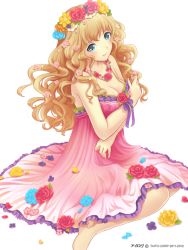 Rule 34 | 1girl, barefoot, blue eyes, breasts, brown hair, cleavage, crossed arms, dress, flower, flower necklace, flower on head, hair ornament, head wreath, iino alice, ilog, jewelry, long hair, looking at viewer, necklace, occhan (11715), official art, red dress, rose, sitting, smile, solo