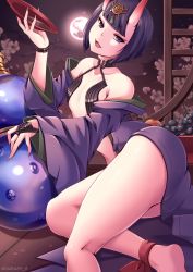 Rule 34 | 1girl, alcohol, ankle ribbon, bare shoulders, blunt bangs, bob cut, breasts, cherry blossoms, collarbone, commentary, cup, english commentary, falling petals, fangs, fate/grand order, fate (series), fingernails, food, fruit, gourd, grapes, head tilt, headpiece, highres, horns, japanese clothes, kimono, kneepits, leg ribbon, looking at viewer, moon, moonlight, night, night sky, open clothes, open kimono, open mouth, peach, petals, pouring, purple eyes, purple hair, queasy s, reclining, red ribbon, revealing clothes, ribbon, sakazuki, sake, sharp fingernails, short hair, shuten douji (fate), skin-covered horns, sky, small breasts, smile, solo, straight hair, thighs, twitter username, wooden floor