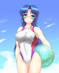 Rule 34 | 1girl, ball, blue hair, blue sky, borrowed character, breasts, cloud, competition swimsuit, covered navel, day, covered erect nipples, glasses, green eyes, highres, long hair, looking at viewer, medium breasts, one-piece swimsuit, original, sky, smile, solo, swimsuit, takahiiro, white one-piece swimsuit
