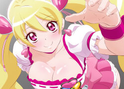 Rule 34 | 1girl, blonde hair, breasts, choker, cleavage, closed mouth, collarbone, cure peach, earrings, fresh precure!, fuchi (nightmare), gradient background, grey background, hair between eyes, hair ornament, heart, heart earrings, heart hair ornament, jewelry, large breasts, long hair, looking at viewer, magical girl, momozono love, pink choker, pink eyes, precure, puffy short sleeves, puffy sleeves, short sleeves, smile, solo, twintails