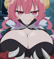 Rule 34 | animated, anime screenshot, bouncing breasts, breast fondle, breasts, claws, cleavage, dot nose, fur trim, grabbing own breast, hair between eyes, hand on own chest, highres, horns, huge breasts, ilulu (maidragon), kobayashi-san chi no maidragon, large hands, looking at viewer, red eyes, red hair, screencap, sharp teeth, shiny skin, shortstack, smile, standing, stitched, strapless, tagme, teeth, third-party edit, third-party emop, video