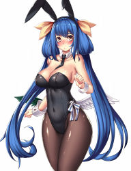 Rule 34 | 1girl, alternate costume, animal ears, asymmetrical wings, bare shoulders, between breasts, black leotard, black necktie, black pantyhose, blush, bow, breasts, brown eyes, cleavage, covered erect nipples, covered navel, cowboy shot, detached collar, dizzy (guilty gear), fake animal ears, feathered wings, guilty gear, hair ribbon, highleg, highleg leotard, highres, large breasts, leotard, long hair, looking at viewer, low wings, nail polish, necktie, necktie between breasts, nose blush, pantyhose, playboy bunny, rabbit ears, red nails, ribbon, shiny clothes, shiny skin, side-tie leotard, simple background, solo, standing, strapless, strapless leotard, takanashi-a, twintails, very long hair, white background, white bow, wings, wrist cuffs, yellow ribbon