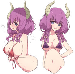 Rule 34 | 1girl, aura (sousou no frieren), bikini, blue eyes, blush, braid, breasts, cleavage, collarbone, covered erect nipples, demon girl, demon horns, highres, horns, large breasts, long hair, looking at viewer, mel (melty pot), navel, open mouth, purple bikini, purple hair, red bikini, simple background, smile, smug, solo, sousou no frieren, string bikini, swimsuit, tears, white background