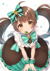 Rule 34 | 1girl, ahoge, blurry, blush, bow, bowtie, brown dress, brown eyes, brown hair, buttons, closed mouth, collared dress, commentary request, cross-laced clothes, depth of field, dress, frilled dress, frilled shirt collar, frills, from above, glint, green bow, green bowtie, green dress, green scrunchie, hair bow, hair ornament, hair scrunchie, hakozaki serika, highres, idolmaster, idolmaster million live!, layered dress, leaf, long hair, looking at viewer, looking up, mint, mint chocolate, mokuharu, mouth hold, official alternate costume, polka dot, polka dot bow, polka dot dress, polka dot scrunchie, scrunchie, sleeveless, sleeveless dress, smile, solo, striped bow, twintails, twitter username, white background, wrist cuffs