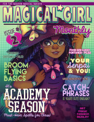 Rule 34 | 1girl, animal print, backpack, bag, belt bow, blue hair, book, bow, bowtie, braid, brown hair, cat print, cover, crown (symbol), dark-skinned female, dark skin, dress, earrings, english text, fake magazine cover, geneva bowers, glasses, green background, green eyes, hat, hat bow, holding, holding clothes, holding hat, holding strap, jewelry, magazine cover, magical girl, mole, mole above mouth, open book, original, pink bow, pink bowtie, print skirt, purple dress, purple hat, purple witch hat, side braids, skirt, sleeveless, sleeveless dress, smile, star (symbol), star in eye, stitches, symbol in eye, tooth gap, watch, witch, witch hat, wristwatch, yellow bow