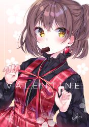 Rule 34 | 1girl, bad id, bad pixiv id, black sweater, blush, brown eyes, brown hair, chocolate, commentary, copyright request, dress, earrings, female focus, gradient background, hair between eyes, heart, heart earrings, highres, jewelry, looking at viewer, one side up, red dress, solo, sweater, upper body, urim (paintur), valentine
