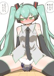 Rule 34 | 1girl, black footwear, black sleeves, blue hair, blush, boots, breasts, clenched teeth, commentary request, cowboy shot, detached sleeves, green eyes, grey shirt, gundam, hair between eyes, hair ornament, hatsune miku, hizack, long hair, looking to the side, medium breasts, miku day, no pants, panties, shirt, sitting, sleeveless, sleeveless shirt, solo, spread legs, teeth, thigh boots, translation request, twintails, underwear, v-shaped eyebrows, very long hair, vocaloid, white background, white panties, zannen na hito, zeta gundam
