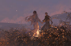Rule 34 | 1boy, 1girl, black dress, blue ribbon, brown hair, chinese clothes, cloud, couple, dress, field, flower, grass, hair ornament, highres, holding hands, ibuki satsuki, lamp, light, long dress, long hair, long sleeves, looking at another, night, night sky, original, outdoors, ponytail, puffy long sleeves, puffy sleeves, ribbon, sidelocks, sky, sleeves past elbows, smile, spiked hair, standing, star (sky), star (symbol), traditional clothes, very long hair, white dress