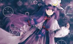 Rule 34 | 1girl, capelet, crescent, crescent pin, dogezachan, expressionless, hair ribbon, hat, hexagram, highres, long hair, looking at viewer, mob cap, neck ribbon, pajamas, patchouli knowledge, purple eyes, purple hair, ribbon, robe, solo, star (symbol), star of david, striped, touhou, tress ribbon, upper body