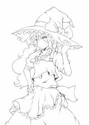 Rule 34 | 1girl, braid, greyscale, hand on headwear, hand on own hip, harusame-r, kirisame marisa, lineart, long hair, looking away, monochrome, simple background, single braid, solo, touhou, weapon, white background