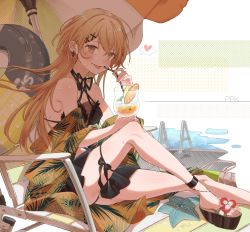 Rule 34 | 1girl, :p, bare shoulders, bikini, black bikini, blush, breasts, brown eyes, character name, closed mouth, cocktail, cocktail glass, commentary request, commission, cross, cross earrings, cup, drinking glass, earrings, girls&#039; frontline, hair ornament, hairclip, heart, heart print, highres, holding, holding cup, jewelry, light brown hair, long hair, looking at viewer, medium breasts, official alternate costume, platform footwear, pool, ppk (foliage romance) (girls&#039; frontline), ppk (girls&#039; frontline), rabb horn, revision, sandals, simple background, sitting, skeb commission, solo, sweat, swimsuit, tongue, tongue out