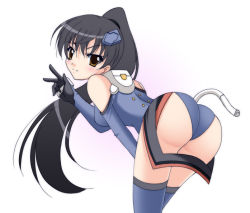 Rule 34 | 00s, 1girl, ass, bare shoulders, bent over, black hair, blue gloves, blue thighhighs, blush, cowboy shot, elbow gloves, from side, gloves, headgear, high ponytail, ichijou eika, leotard, light smile, long hair, looking at viewer, looking back, motionslit, narutaki shin, pilot suit, ponytail, sky girls, smile, solo, thighhighs, v, very long hair, yellow eyes