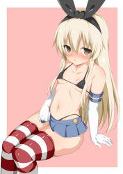 Rule 34 | 1girl, bare shoulders, bikini, black bikini, black hairband, black ribbon, blonde hair, blue skirt, blush, breasts, brown eyes, covered erect nipples, elbow gloves, gloves, hair between eyes, hair ornament, hairband, highleg, kantai collection, long hair, looking at viewer, looking back, micro bikini, nose blush, open mouth, pleated skirt, pulling own clothes, ribbon, shimakaze (kancolle), sitting, skindentation, skirt, small breasts, solo, striped clothes, striped thighhighs, swimsuit, thighhighs, thong bikini, toshishikisai, white gloves