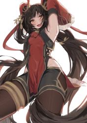 Rule 34 | 1girl, absurdres, armpits, arms up, bandages, black hair, black survival, blush, breasts, brown eyes, china dress, chinese clothes, dress, eternal return: black survival, highres, li dailin, long hair, meat7955, official alternate costume, simple background, small breasts, solo, twintails, very long hair, white background
