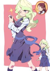 Rule 34 | 2girls, black ribbon, blonde hair, blue eyes, blue sash, blush stickers, brown hair, closed mouth, collared shirt, commentary request, cowboy shot, diana cavendish, disguise, doppelganger, dress, dual persona, high ponytail, highres, holding, kagari atsuko, little witch academia, long hair, long sleeves, looking at viewer, luna nova school uniform, magic, multiple girls, neck ribbon, one eye closed, parted lips, pinafore dress, pink background, purple legwear, purple skirt, purple vest, red eyes, ribbon, sash, school uniform, shirt, simple background, skirt, sleeveless dress, smile, socks, sparkle, standing, sweatdrop, tama (tama-s), transformation, vest, wand, white shirt, wide-eyed, wing collar
