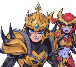 Rule 34 | 1boy, 1girl, armor, black bodysuit, blue eyes, bodysuit, clenched teeth, colored sclera, d:, facial hair, fangs, gem, gold armor, helmet, jarvan iv (league of legends), league of legends, looking at viewer, midriff, navel, open mouth, orange sclera, phantom ix row, red armor, shoulder plates, shoulder spikes, shyvana, spikes, stomach, stubble, teeth, yellow eyes