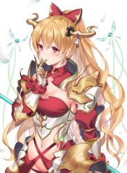 Rule 34 | 1girl, armor, blonde hair, blush, bow, breasts, cleavage, cowboy shot, creature, detached collar, elbow pads, faulds, finger to mouth, gauntlets, granblue fantasy, groin, hair bow, highres, horns, large breasts, long hair, lowleg, navel, parted lips, ponytail, red bow, red eyes, revealing clothes, simple background, smile, solo, underbust, very long hair, vira (granblue fantasy), white background, yuntae