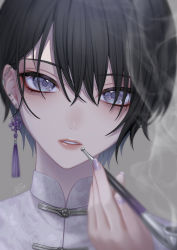Rule 34 | 1girl, black hair, chinese clothes, ear piercing, earrings, eyelashes, eyeshadow, grey background, grey eyes, hair over eyes, hand up, highres, holding, holding smoking pipe, jewelry, kiseru, looking at viewer, makeup, nail polish, original, parted lips, piercing, portrait, purple nails, red lips, saijou yurika, short hair, signature, simple background, smoke, smoking, smoking pipe, solo, tassel, tassel earrings, toggles