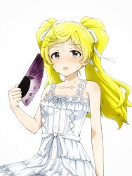 Rule 34 | 1girl, alternate costume, armpits, bare shoulders, blonde hair, blue ribbon, blush, breasts, collarbone, commentary request, dot nose, dress, emily stewart, eyelashes, fanning, fanning face, fanning self, folding fan, hair ribbon, hand fan, highres, holding, holding fan, hot, idolmaster, idolmaster million live!, idolmaster million live! theater days, lace, lace-trimmed dress, lace trim, lone nape hair, long hair, looking at viewer, matcha kingyo, nose blush, open mouth, parted bangs, pure onepiece (idolmaster), purple eyes, ribbon, ribbon-trimmed dress, sidelocks, simple background, sitting, small breasts, solo, sundress, sweat, twintails, upper body, waist ribbon, wavy hair, wavy mouth, white background, white dress, white ribbon