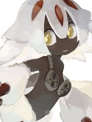 Rule 34 | 1girl, black skin, colored skin, extra arms, faputa, female focus, fur, jpeg artifacts, made in abyss, monster girl, navel, outie navel, paprika shikiso, simple background, solo, white background, white hair, yellow eyes