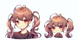 Rule 34 | 1girl, antenna hair, bad id, bad twitter id, black shirt, blush, brown hair, chibi, closed mouth, ha youn, looking at viewer, original, red eyes, shirt, simple background, smile, twintails, upper body, white background