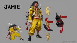 Rule 34 | 1boy, abs, black hair, blush, capcom, character name, character sheet, chinese clothes, copyright notice, crop top, drunk, fighting stance, full-face blush, full body, gourd, hair down, jamie siu, multiple views, navel, official art, open clothes, open shirt, stomach, street fighter, street fighter 6, takayuki nakayama, turnaround