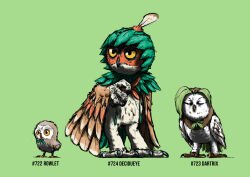 Rule 34 | 1other, absurdres, beak, bird, blacknirrow, body fur, brown wings, character name, claws, closed eyes, closed mouth, creatures (company), dartrix, decidueye, english text, evolutionary line, feathered wings, full body, furry, game freak, gen 7 pokemon, green background, green fur, green theme, half-closed eyes, hand up, highres, leaf, multicolored fur, nintendo, other focus, owl, pokedex number, pokemon, pokemon (creature), realistic, red fur, rowlet, simple background, sketch, white fur, wings, yellow eyes