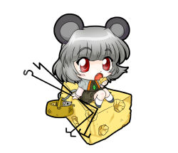 Rule 34 | 1girl, animal ears, basket, cheese, chibi, fang, female focus, food, getter03, grey hair, mouse (animal), mouse ears, mouse tail, nagisuke, nazrin, red eyes, solo, tail, touhou