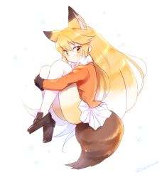 Rule 34 | 10s, 1girl, :|, animal ears, bad id, bad twitter id, blazer, blonde hair, blush, bow, brown footwear, brown gloves, closed mouth, expressionless, extra ears, eyelashes, ezo red fox (kemono friends), fetal position, floating, floating hair, fox ears, fox tail, from side, full body, fur-trimmed sleeves, fur trim, gloves, gradient hair, gradient legwear, hair between eyes, highres, hugging own legs, jacket, kemono friends, knees up, loafers, long hair, long sleeves, looking at viewer, multicolored clothes, multicolored hair, multicolored legwear, orange jacket, own hands clasped, own hands together, pantyhose, pleated skirt, pocket, scarf, shoes, skirt, snowflake background, snowflakes, solo, tail, tsurime, twitter username, two-tone hair, two-tone legwear, very long hair, white bow, white hair, white pantyhose, white scarf, white skirt, yellow eyes, yellow pantyhose, yukimi park