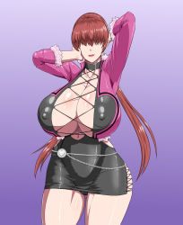 Rule 34 | 1girl, black dress, breasts, brown hair, cleavage, commentary, covered erect nipples, cropped jacket, dress, fur trim, hair between eyes, hand up, huge breasts, jacket, lips, long hair, looking at viewer, low twintails, ml, open clothes, open jacket, open mouth, pink jacket, shermie (kof), shiny skin, short dress, simple background, solo, the king of fighters, thighs, twintails