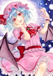 Rule 34 | 1girl, alto2019, ascot, bat wings, blue hair, brooch, frilled skirt, frills, hat, hat ribbon, highres, jewelry, marker (medium), mob cap, pink hat, pink shirt, pink skirt, puffy short sleeves, puffy sleeves, red ascot, red eyes, red ribbon, remilia scarlet, ribbon, shirt, short sleeves, single wrist cuff, skirt, skirt set, solo, touhou, traditional media, wings, wrist cuffs