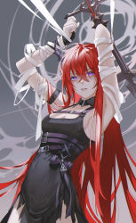 Rule 34 | 1girl, absurdres, arknights, armband, armpits, arms up, at wang, bandages, black collar, black dress, black gloves, black nails, blush, bound, bound arms, breasts, cleavage, collar, commentary, cowboy shot, demon girl, demon horns, dress, entangled, fingernails, gloves, hair between eyes, half gloves, highres, holding, holding sword, holding weapon, horns, long hair, looking at viewer, nail polish, parted lips, purple eyes, red hair, rhodes island logo (arknights), slit pupils, solo, surtr (arknights), sword, very long hair, weapon
